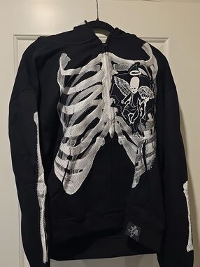 Hasta Muerte Black Skeleton Zip Hoodie with Angel Graphic, Diamond like studed.